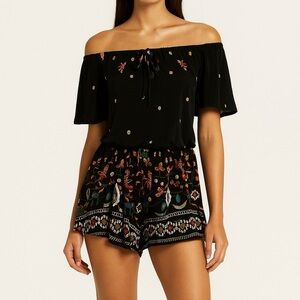 Black floral short sleeve boho romper small